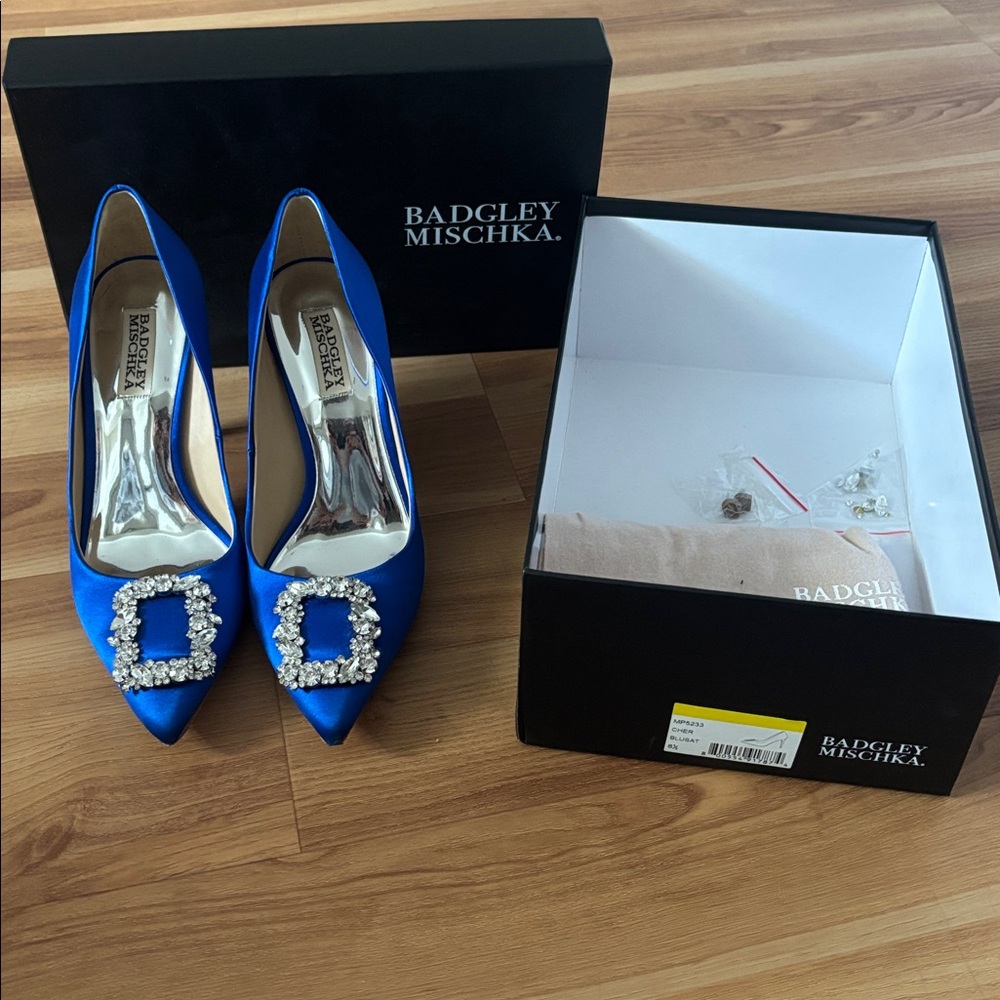 Badgley Mischka Royal Blue Satin Pumps with Crystal Embellishment